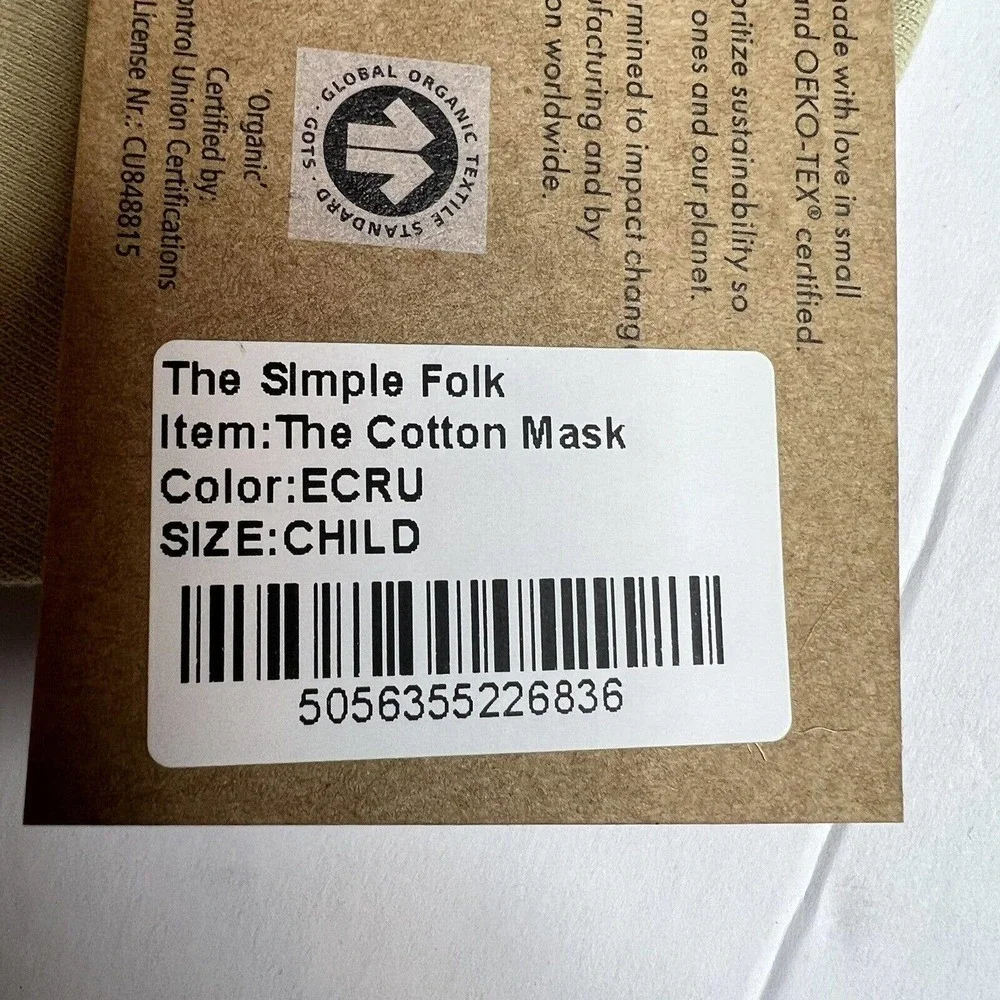 The Simple Folk Organic Cotton Childrens Face‎ Mask Ecru New